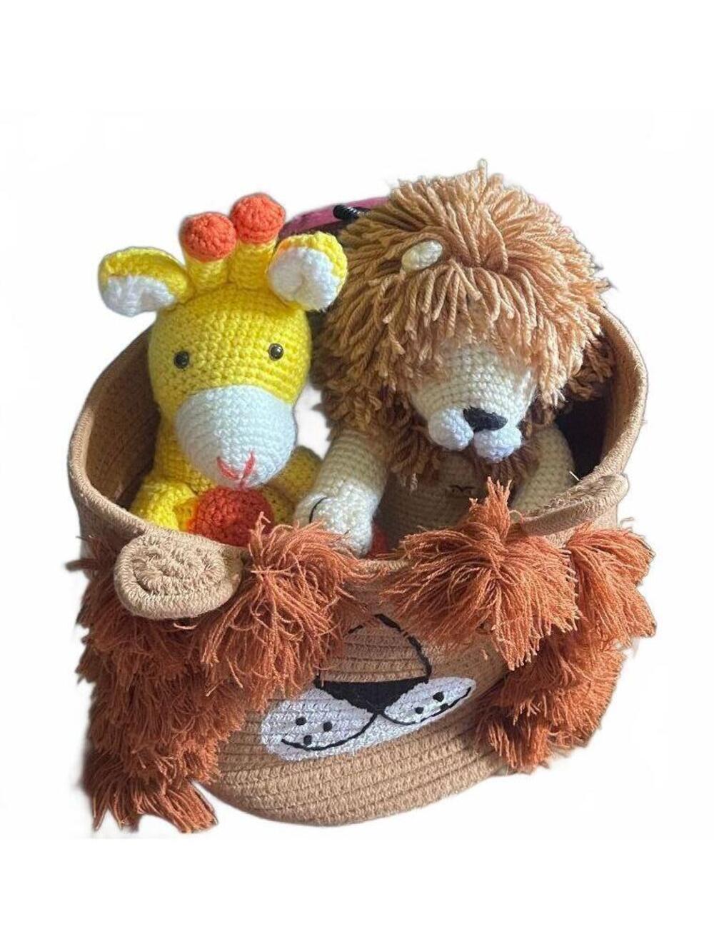 Handmade Crochet Lion and Giraffe Plush Toy Set with Lion Basket